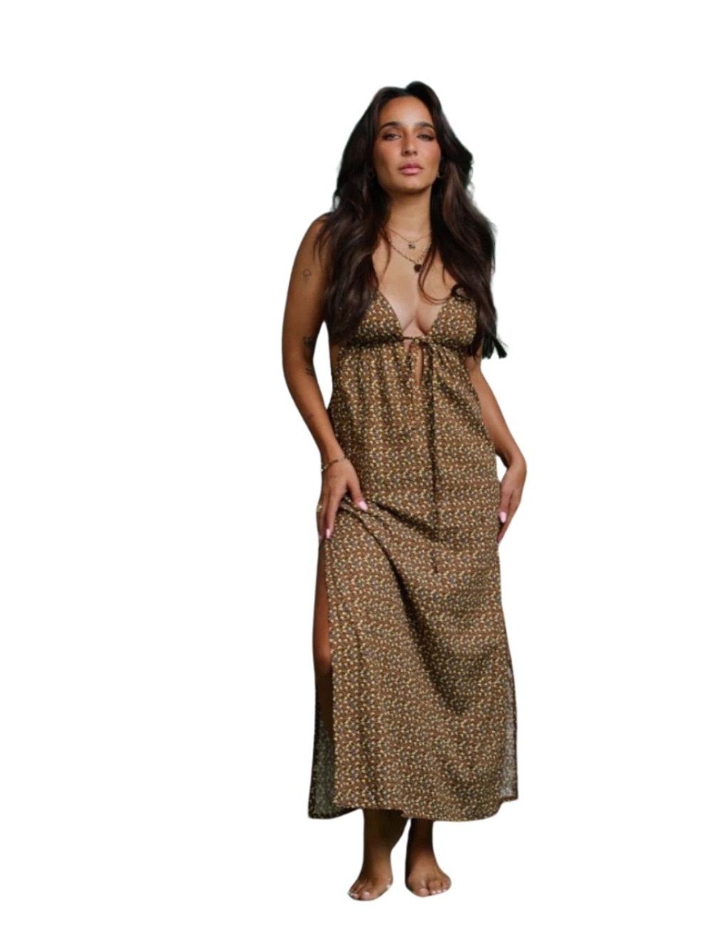 Valija Gitana Granate Maxi Dress Brown Floral Open Back Side Slit Tie Front | XL